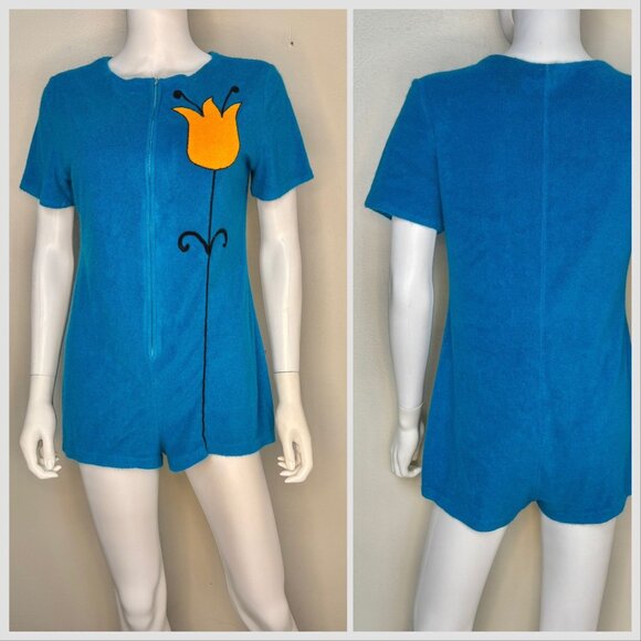 Vintage 1960s Aqua Terrycloth Romper, Orange Floral Appliqué, Size M/L, Zip Up